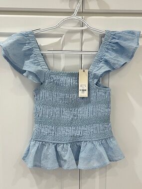 NWT Powder Blue Smocked Ruffled Sleeveless Cropped Swiss Dot Top - Size S